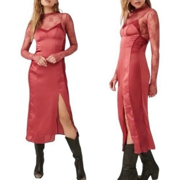 Free People Intimately City Cool Midi Slip Dress Venetian Red Satin Side Slit XS - Picture 6 of 9